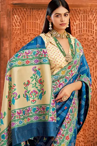 cobalt blue velvet tussar silk blend partywear saree with paithani pallu and traditional ghatchola print