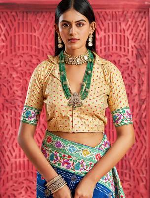 cobalt blue velvet tussar silk blend partywear saree with paithani pallu and traditional ghatchola print 4