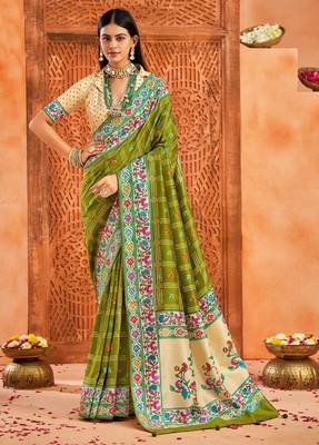 mehandi velvet tussar silk blend partywear saree with paithani pallu and traditional ghatchola print 1