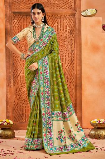 mehandi color velvet tussar silk blend fabric partywear saree with paithani pallu and traditional ghatchola print