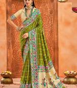 mehandi color velvet tussar silk blend fabric partywear saree with paithani pallu and traditional ghatchola print