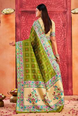 mehandi velvet tussar silk blend partywear saree with paithani pallu and traditional ghatchola print 2