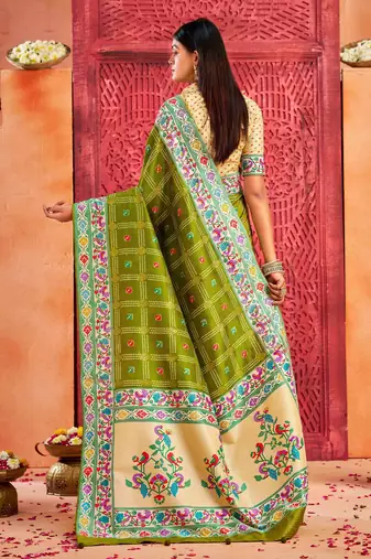 mehandi velvet tussar silk blend partywear saree with paithani pallu and traditional ghatchola print