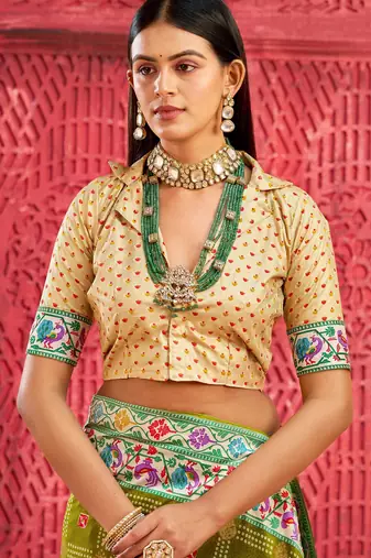 mehandi velvet tussar silk blend partywear saree with paithani pallu and traditional ghatchola print