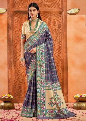 violet indigo velvet tussar silk blend partywear saree with paithani pallu and traditional ghatchola print 1