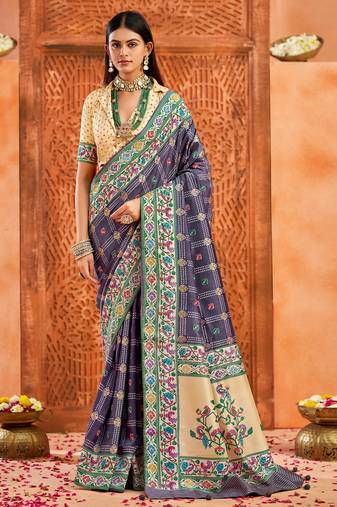 violet indigo color velvet tussar silk blend fabric partywear saree with paithani pallu and traditional ghatchola print