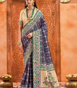 violet indigo color velvet tussar silk blend fabric partywear saree with paithani pallu and traditional ghatchola print