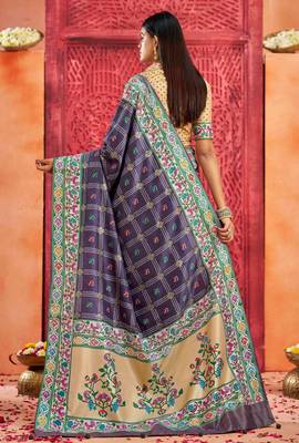violet indigo velvet tussar silk blend partywear saree with paithani pallu and traditional ghatchola print 2