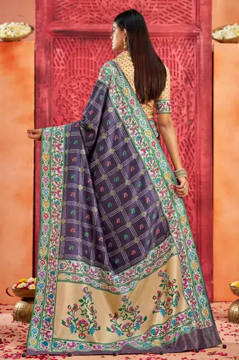 violet indigo velvet tussar silk blend partywear saree with paithani pallu and traditional ghatchola print