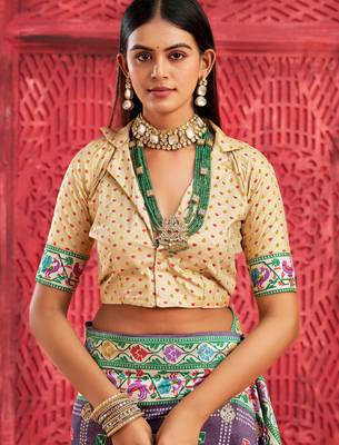 violet indigo velvet tussar silk blend partywear saree with paithani pallu and traditional ghatchola print 3