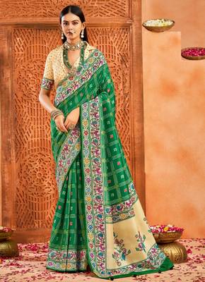 green velvet tussar silk blend partywear saree with paithani pallu and traditional ghatchola print 1