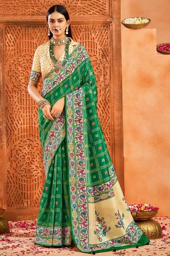 green color velvet tussar silk blend fabric partywear saree with paithani pallu and traditional ghatchola print