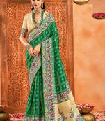 green color velvet tussar silk blend fabric partywear saree with paithani pallu and traditional ghatchola print