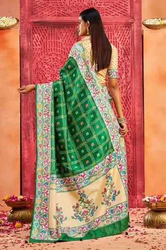 green velvet tussar silk blend partywear saree with paithani pallu and traditional ghatchola print