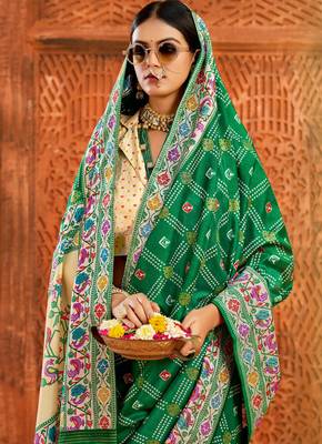 green velvet tussar silk blend partywear saree with paithani pallu and traditional ghatchola print 3