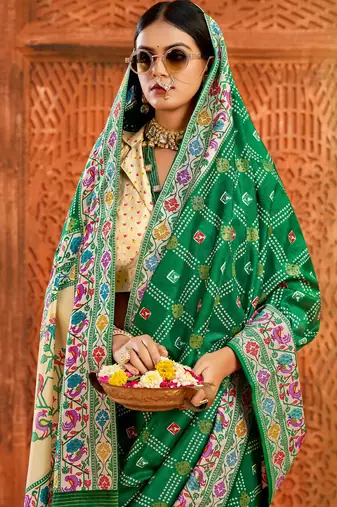green velvet tussar silk blend partywear saree with paithani pallu and traditional ghatchola print