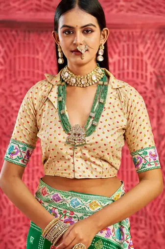 green velvet tussar silk blend partywear saree with paithani pallu and traditional ghatchola print