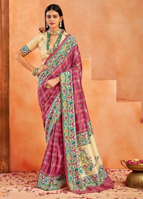 brick red velvet tussar silk blend partywear saree with paithani pallu and traditional ghatchola print 1