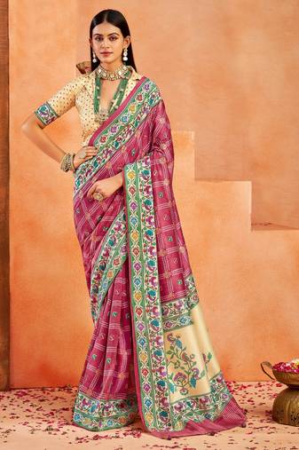 brick red color velvet tussar silk blend fabric partywear saree with paithani pallu and traditional ghatchola print