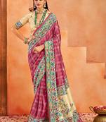 brick red color velvet tussar silk blend fabric partywear saree with paithani pallu and traditional ghatchola print