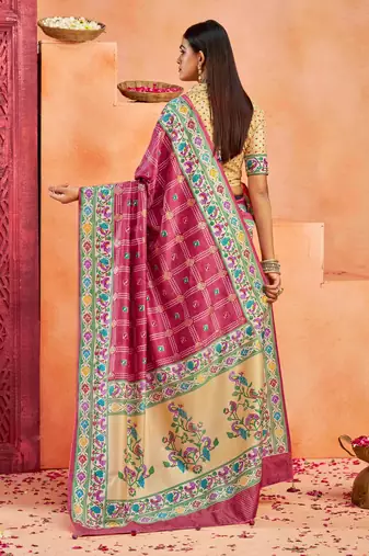 brick red velvet tussar silk blend partywear saree with paithani pallu and traditional ghatchola print