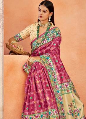 brick red velvet tussar silk blend partywear saree with paithani pallu and traditional ghatchola print 3
