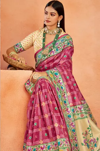 brick red velvet tussar silk blend partywear saree with paithani pallu and traditional ghatchola print