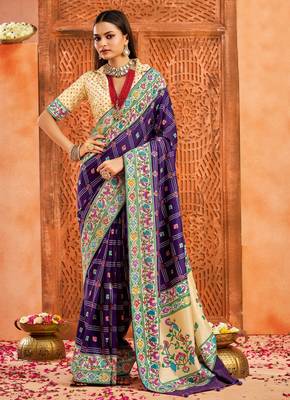 dark purple velvet tussar silk blend partywear saree with paithani pallu and traditional ghatchola print 1