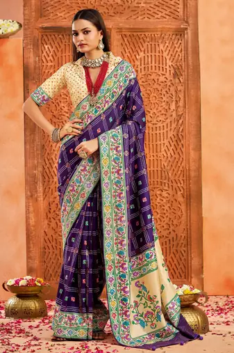dark purple color velvet tussar silk blend fabric partywear saree with paithani pallu and traditional ghatchola print