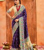 dark purple color velvet tussar silk blend fabric partywear saree with paithani pallu and traditional ghatchola print