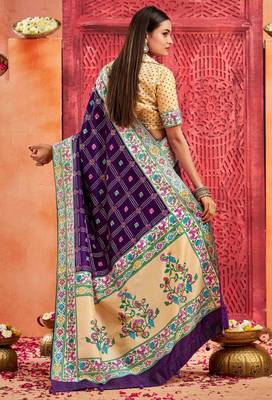 dark purple velvet tussar silk blend partywear saree with paithani pallu and traditional ghatchola print 2