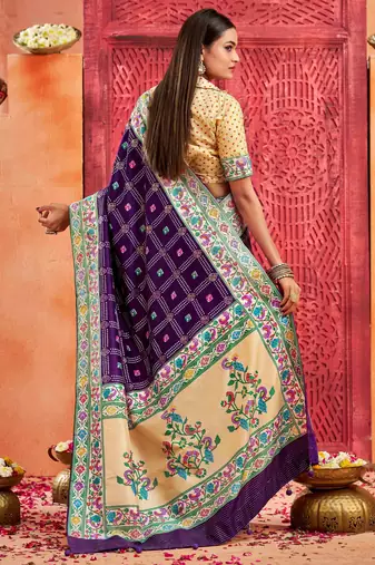 dark purple velvet tussar silk blend partywear saree with paithani pallu and traditional ghatchola print