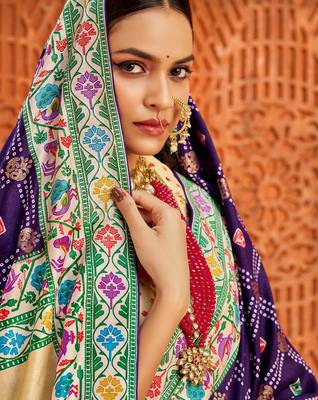 dark purple velvet tussar silk blend partywear saree with paithani pallu and traditional ghatchola print 3