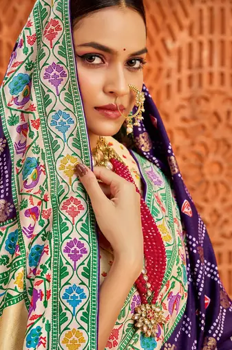 dark purple velvet tussar silk blend partywear saree with paithani pallu and traditional ghatchola print