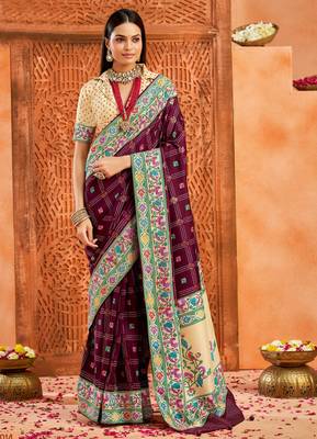 plum velvet tussar silk blend partywear saree with paithani pallu and traditional ghatchola print 1