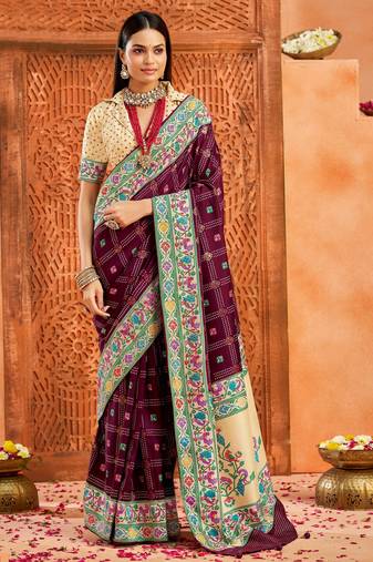 plum color velvet tussar silk blend fabric partywear saree with paithani pallu and traditional ghatchola print
