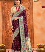 plum color velvet tussar silk blend fabric partywear saree with paithani pallu and traditional ghatchola print