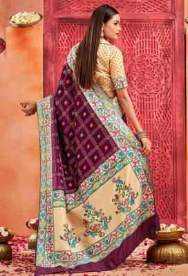 plum velvet tussar silk blend partywear saree with paithani pallu and traditional ghatchola print 2