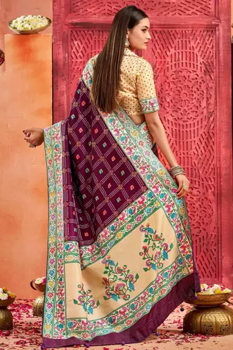plum velvet tussar silk blend partywear saree with paithani pallu and traditional ghatchola print