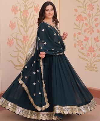 Rama Faux Blooming Gown with Dupatta & Zari Sequin Embroidery | Fully Stitched Women’s Festive & Partywear Outfit 1