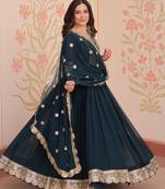 Rama Faux Blooming Gown with Dupatta & Zari Sequin Embroidery | Fully Stitched Women’s Festive & Partywear Outfit