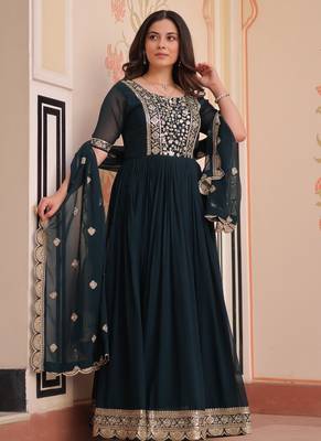 Rama Faux Blooming Gown with Dupatta & Zari Sequin Embroidery | Fully Stitched Women’s Festive & Partywear Outfit 2
