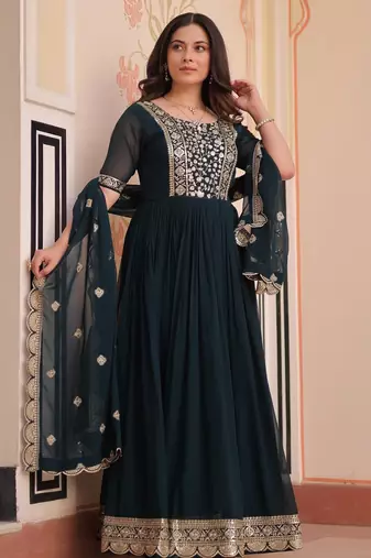Rama Faux Blooming Gown with Dupatta & Zari Sequin Embroidery | Fully Stitched Women’s Festive & Partywear Outfit