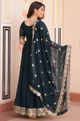 Rama Faux Blooming Gown with Dupatta & Zari Sequin Embroidery | Fully Stitched Women’s Festive & Partywear Outfit