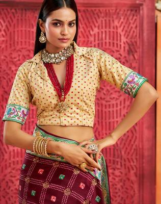 plum velvet tussar silk blend partywear saree with paithani pallu and traditional ghatchola print 3