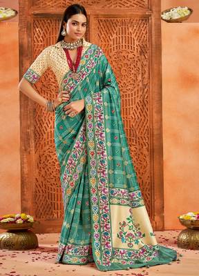 light firozi velvet tussar silk blend partywear saree with paithani pallu and traditional ghatchola print 1