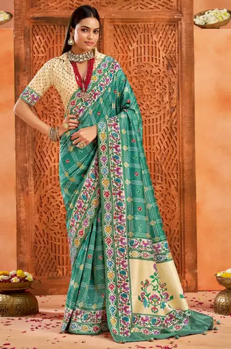 light firozi color velvet tussar silk blend fabric partywear saree with paithani pallu and traditional ghatchola print