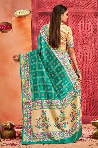 light firozi velvet tussar silk blend partywear saree with paithani pallu and traditional ghatchola print
