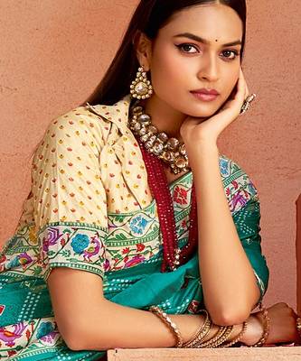 light firozi velvet tussar silk blend partywear saree with paithani pallu and traditional ghatchola print 3
