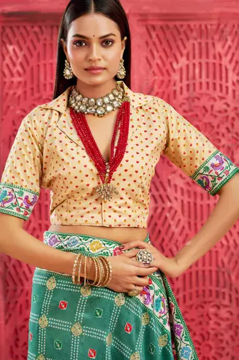 light firozi velvet tussar silk blend partywear saree with paithani pallu and traditional ghatchola print